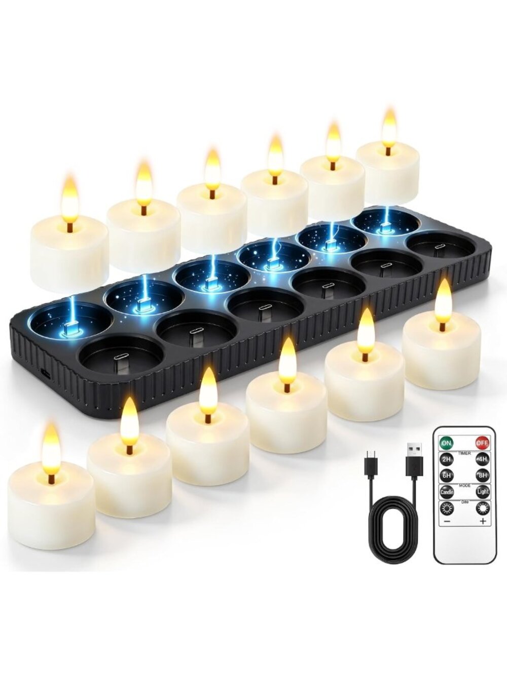 12 Pack Rechargeable LED Tea Light Candles with Remote & Timer - Perfect for
